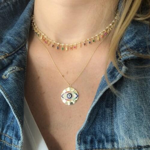 2021 Gold Filled Turkish Colorful Evil Eye Lucky Women Ladyes Gift Rainbow Cz Stone Trendy Round Coin Pendant Necklace Jewelry
