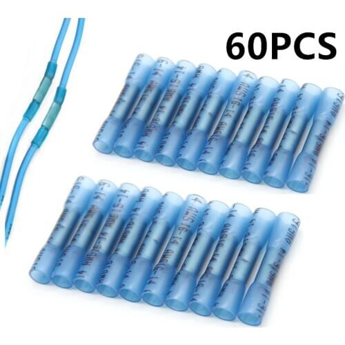 60PCS Blue Heat Shrink Butt Connectors Insulated Waterproof 16-14 AWG Heat Shrinking Terminals Electrical Crimp Terminals