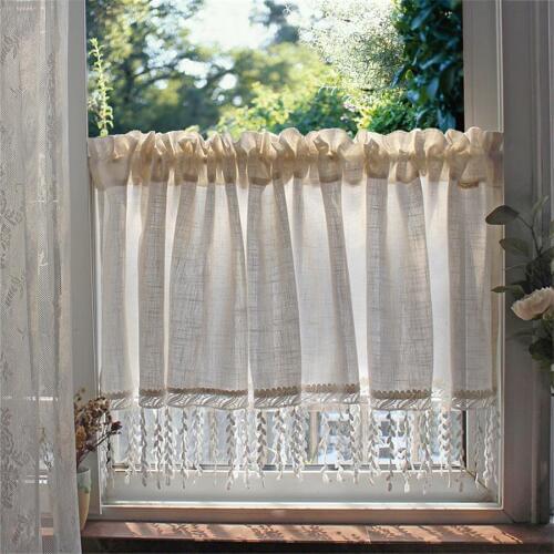 White Linen and cotton Half Curtain American Simple Lace Wheat fringed Coffee Short Curtain Fabric Kitchen Curtains MY144#5