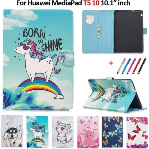 Tablet Case For Huawei T5 10.1 Case Funda Kawaii Unicorn Cat Puppy Leather Cover For Huawei MediaPad T5 10 Case 10.1 inch