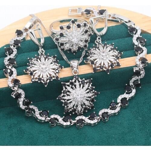 Black Zircon Exquisite 925 Silver Jewelry Sets For Women Bracelet Earrings Wedding Necklace pendant Ring Christmas Gift 4PCS