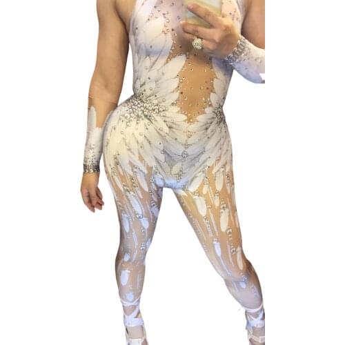 Jazz Dance Costumes 3D Printed Feather Bodysuit Bar Dj Sexy Nightclub DS Singer Rhinestones Stage Crystals Jumpsuit Rave Clothes