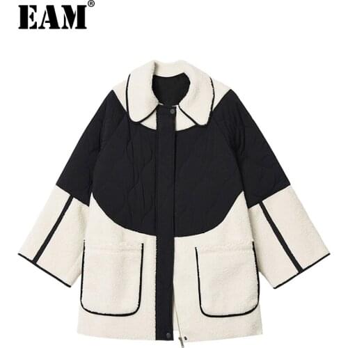 [EAM] Black Lambswool Big Size Cotton-padded Coat Lapel Long Sleeve Women Parkas Fashion Tide New Autumn Winter 2021 1DE2442