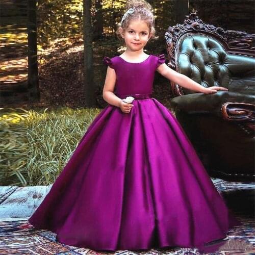 Purple Ball Gown Flower Girl Dresses Cap Sleeve Bow Back 2021 Puffy Kids Prom Dresses Pageant Gown