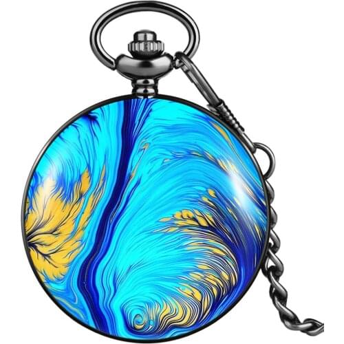 Exquisite Blue Pattern Man Women Pocket Watch Quiet Quartz Dial Durable Alloy Thick Chain Pendant Practical Clothing Accessories
