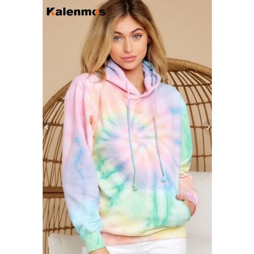 KALENMOS Plus Size Tie Dye Printed Sweatshirts Women Loose Hooded Drawstring Homewear Warm Top Pullovers Hoodie Lounge Tracksuit