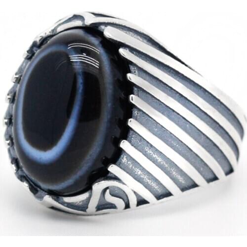 Natural stone ring mens 925 sterling silver eyes agate stone antique hold lucky ring womens mens Turkish jewelry