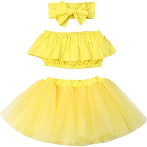 3PCS Toddler Kids Baby Girl Outfits Clothes Sets Yellow Sleeveless Vest Tops+ Tutu Skirt+Headband Set