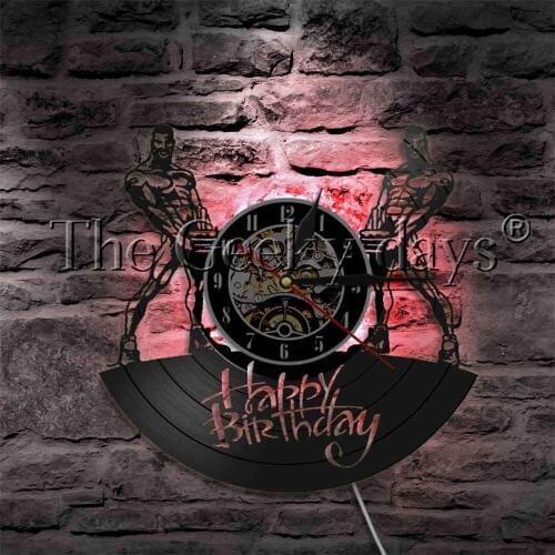 Handsome Muscle Men With Birthday Cakes LED Light Sign Vinyl Record Wall Clock Fitness Happy Birthday Decorative Lighting