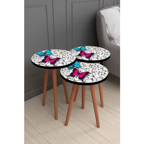 Pink Blue Butterfly Pebbled 3d Patterned pcs set Wooden Zigon Coffee Table Set