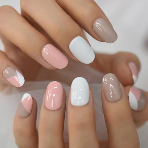 Pink White Khaki Fake Nails Multicolor Press On Fingernails Short Round Full Cover Gel Shine False Nail Art Salon Home DIY