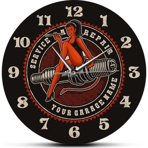 Custom Garage Wall Clock Devil Girl on Spark Plug Engine Auto Car Motorcycle Repair Service Man Cave Personalized Mechanic Wat
