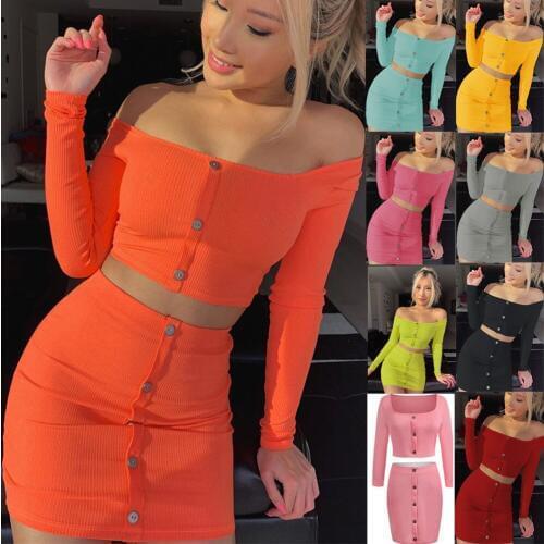 Sexy Off Shoulder Two Piece Sports Set Solid Button Bodycon 2 Piece Set Women Long Sleeve Top And Skirt Summer Autumn Sets