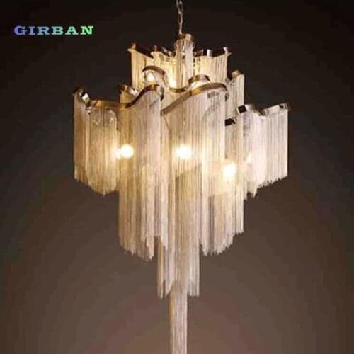 Modern Luxury Chain Tassel Aluminum Staircase Pendant Lamps D80cm Silver Color Home Salon Hotel Art Decorative LED Chandeliers