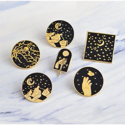 Dark Round Mountain Moon Star Branch Hand Flower Butterfly Suit Enamel Pin Custom Wholesale Lapel Pin Brooch Badge Gifts