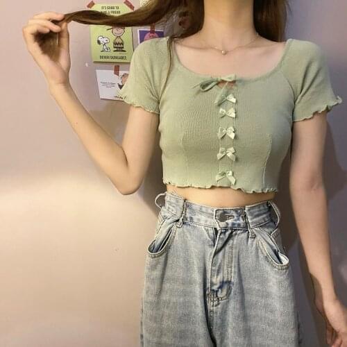 Knitted T Shirt Tie Lace-up Bow Design Sexy Crop Top Casual Square Collar Short Sleeve T-shirt Summer Cloths for Women
