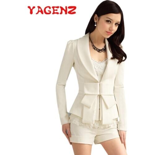 YAGENZ Casual Blazers Women Fashion Short Jackets Women Elegant Long Sleeve Suits Female Lace stitching White Coat Ladies 776