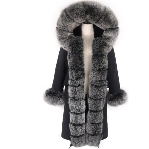 Real Fox Fur Coat Women X-Long Parka Waterproof New Winter Jacket Big Natural Fur Collar Thick Warm Artificial Rabbit Fur Liner