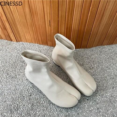 Split Toe Women Ninja Tabi Ankle Boots Round Heels 3.5cm Medium Heel Pig Feet Shoes Woman Short Boots Female Leather Boots
