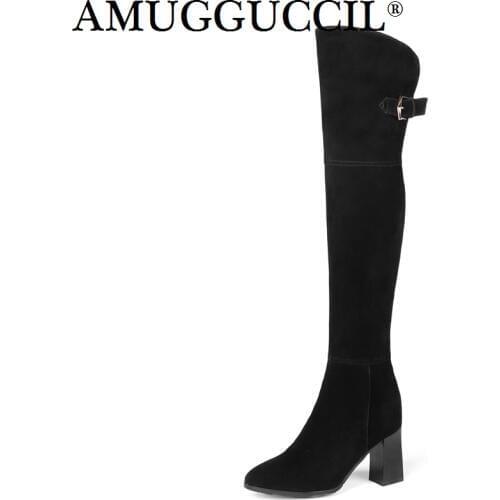 2021 New Cow Suede High Quality Plus Big Size 34-45 Black Buckle Zip Over The Knee Thigh High Autumn Winter Women Boot X1709