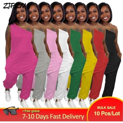 Wholesale Bulk Items Lots Women Jumpsuit Summer Autumn One Shoulder Onesies Sleeveless Suspender Trousers Loose Long Rompers