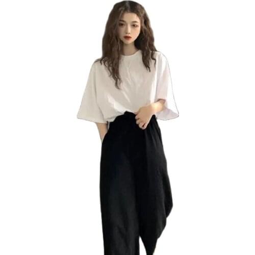 Fashion Suit Female Summer Loose 2021 New Wild Suit Female Short-Sleeved T-shirt + Two-Piece High-Waist Wide-Leg Pants