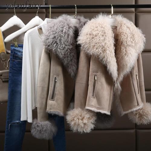 Womens Real Fur Coat Winter Clothes Women 100% Natural Sheep Shearling Jacket Warm Motorcycle Leather Jackets for Women KJ5190