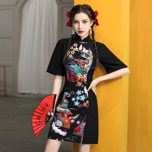 Chinese Style Cheongsam Dress Women Fashion Black Modern Modified Qipao National Traditional Robe Orientale Girl Vestido 30971
