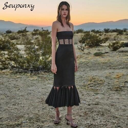 High Quality 2021 Summer Sexy Off-The-Shoulder Backless Mesh Ruffled Bandage Dress WomenS Bodycon Celebrity Party Dress Vestido