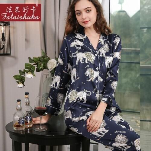 19 momme 100% genuine silk pajamas sets women sleepwear Korean Elegant black fashion lion pure silk womens pyjamas T8255