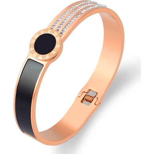 2021 Lastest Roman Numeral Gold Bracelet For Women Titanium Steel Black Enamel Bangle White Rhinestone Bracelets Punk Jewelry