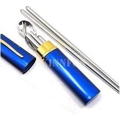 500Sets/Lot Portable Stainless Steel Fork, Chopstick,Teaspoon Travel Camping Tableware Sets/Lot Blue (Color: mix)