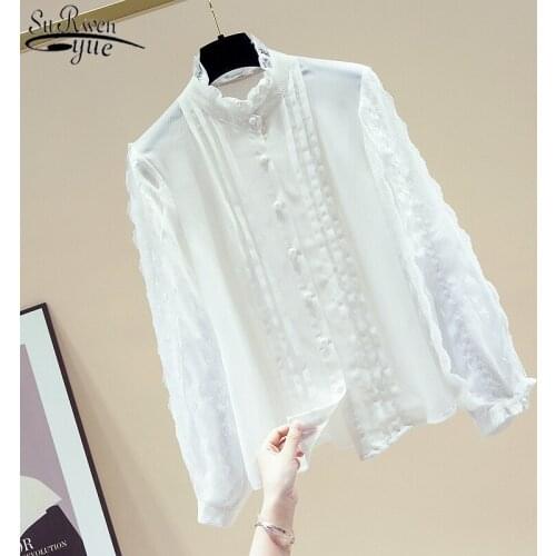 Autumn Women All-match Stand Collar Fashion Top New White Womens Chiffon Blouse Ruffled Lantern Long Sleeve Loose Shirt 11595