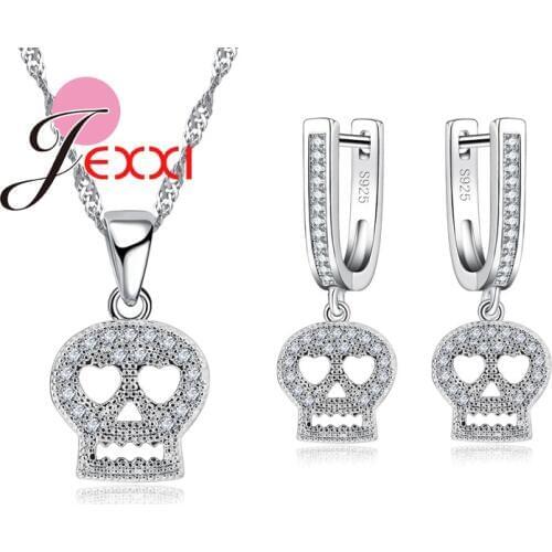 Halloween Saints Gift Crystal Skull Jewelry Set For Women Fashion Show Silver Necklace Pendent Earrings 1set Hot Sale