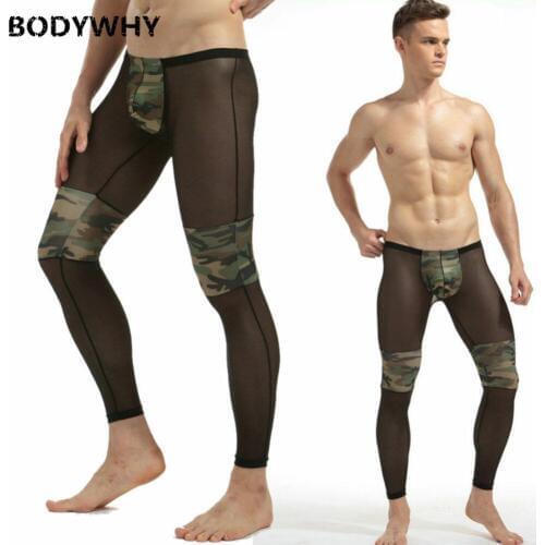 Mens Sexy Long Johns Mesh See-through Underwear Low Rise Lounge Pants Nightwear Men Pajamas Men Sleepwear