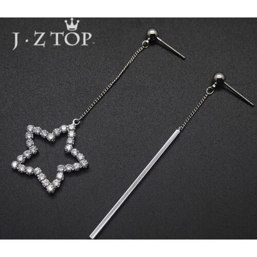 JZTOP Cute Star Crystal Asymmetry Drop Earrings Woman Luxury Micro Pave Zircon Tassel Long Dangle Earring Silver Color Jewelry