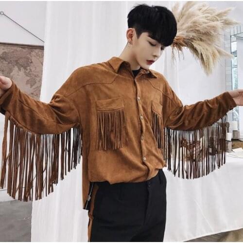 Fashion punk slim sexy shirt men long sleeve shirt teenage korean Suede tassel shirt mens personality stage singer dance khaki