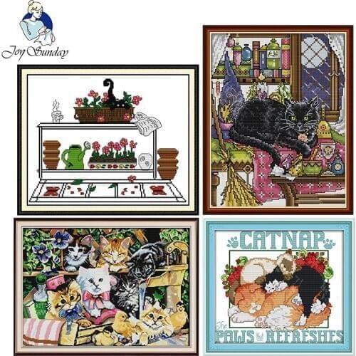 Cats cartoon series DIY 14CT animals printed pattern Cross Stitch sets DMC fabric on canvas Chinese Embroidery home decorations