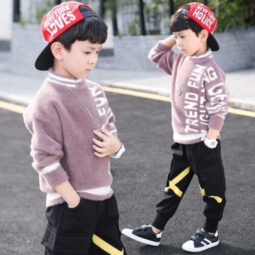 Boys 3-16 Y Winter Autumn Casual Long Sleeve Pullover Mink Velvet Letters Print Warm Keeping and Windbreak Sweaters