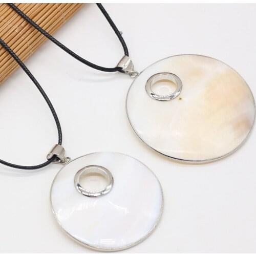 Natural Shell Alloy Necklace Round White Pendant Leather Cord 2MM Charms For Elegant Women Love Romantic Gift