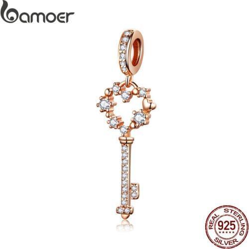 BAMOER 925 Sterling Silver Shining Heart Key Shape Pendant Charms fit Women Bracelets DIY Jewelry SCC1122