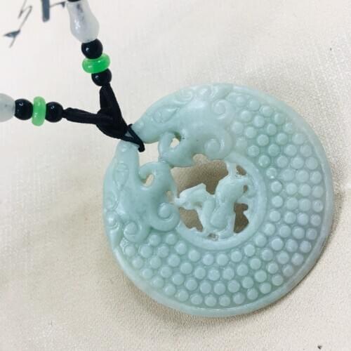 Zheru natural Hetian green jade carved good luck round three unicorn pendant with wooden beads necklace sweater chain