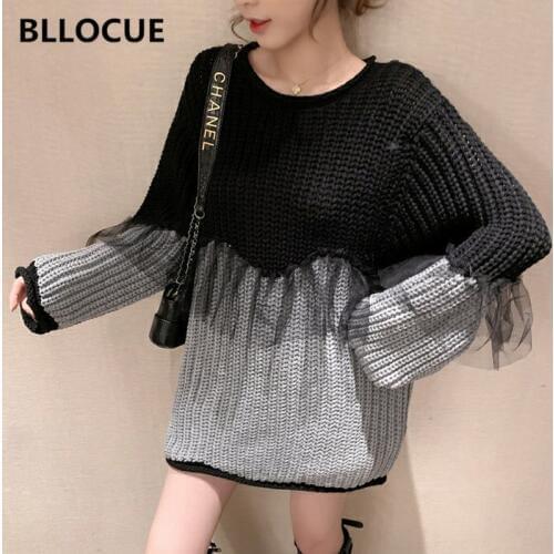 BLLOCUE Women Long sleeve Pullover fashion mesh stitching Sweaters 2019 Women Autumn Winter Contrast Knitted Tops