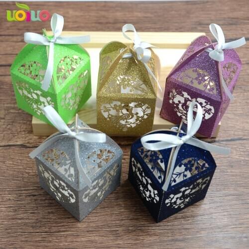 Romantic Wedding favors Decor glitter metallic rose gold navy blue Phoenix Candy Gift Boxes Wedding Party Candy Box with Ribbon