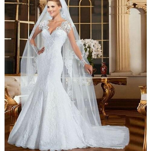 Sexy V Neck Full Sleeve Slim Light Dress 2021 New Bridal Mermaid Dress Train Princess Luxury Lace Vestido De Noiva Plus Size