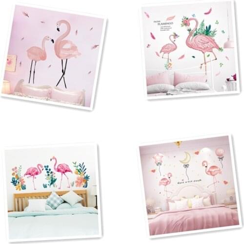 [shijuekongjian] Pink Flamingo Wall Decals DIY Cartoon Birds Animal Wall Stickers for Kids Room Baby Bedroom Nursery Decoration