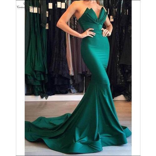 Chic Mermaid Evening Dresses Long Strapless Open Back Sweep Train Pleats Formal Party Gowns Prom Dresses Robe De Soiree