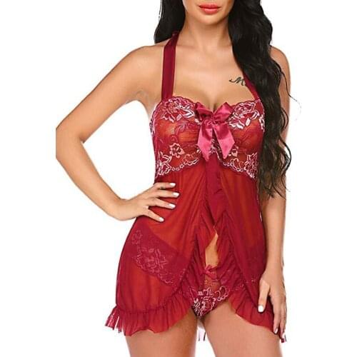 Top Fashion Womens Sexy Lingerie Plus Size Sexy Lace Stitching Gauze Transparent Halter Bow Ultra Short Pajamas