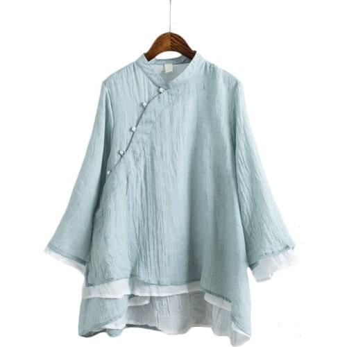 Vintage Chinese Style Pearls Oblique Button Double Layer Cotton Linen Shirts Women Stand Collar Full Sleeve Causal Shirts Tops