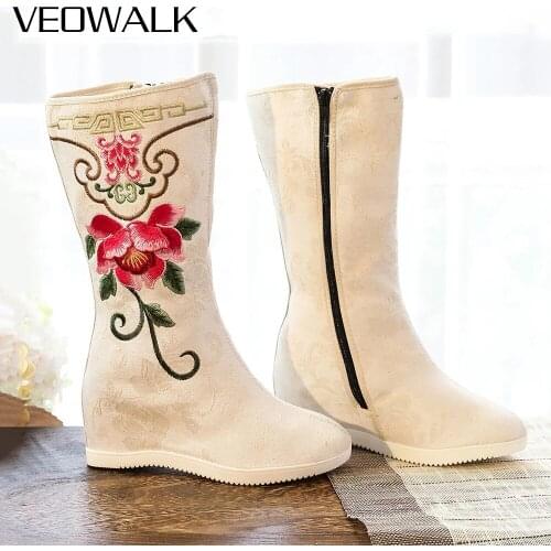 Veowalk Chinese Style Flowers Embroidered Women Jacquard Fabric Mid-Calf Inside Wedge Boots Autumn Soft Comfortable Ladies Shoes